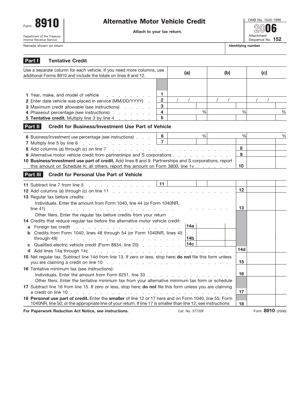 Alternative Motor Vehicle Credit Form 8910 � Attach to Your Tax Return