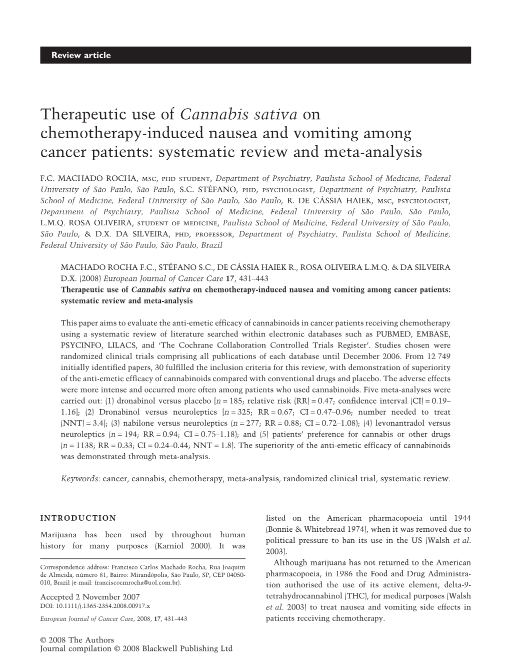 Therapeutic Use of Cannabis Sativa on Chemotherapy-Induced Nausea and Vomiting Among Cancer Patients: Systematic Review and Meta-Analysis