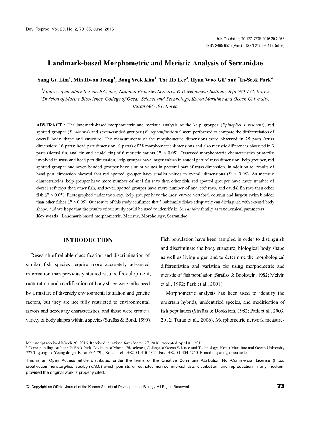 Landmark-Based Morphometric and Meristic Analysis of Serranidae