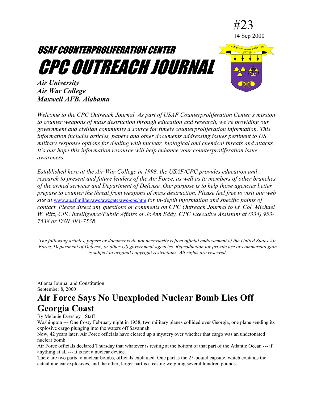 CPC OUTREACH JOURNAL Air University Air War College Maxwell AFB, Alabama