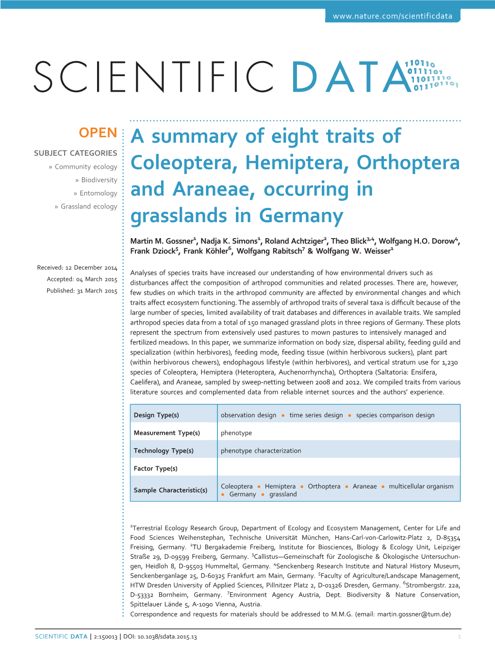 A Summary of Eight Traits of Coleoptera, Hemiptera, Orthoptera and Araneae, Occurring in Grasslands in Germany