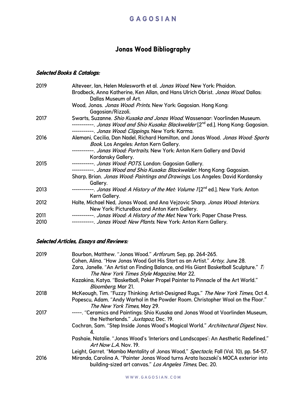 Jonas Wood Bibliography