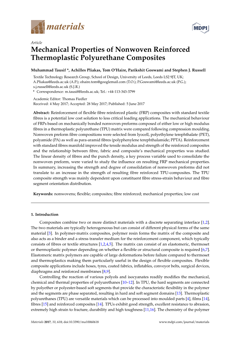 Mechanical Properties of Nonwoven Reinforced Thermoplastic Polyurethane Composites