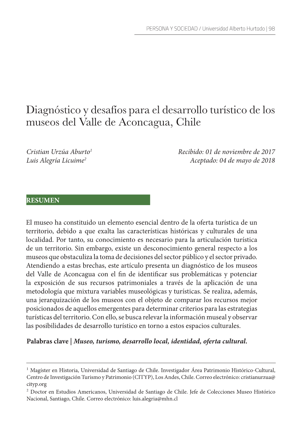 Diagnóstico Y Desafíos Para El Desarrollo Turístico De Los Museos Del Valle De Aconcagua, Chile