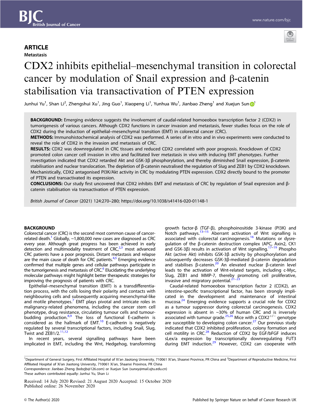 CDX2 Inhibits Epithelialâ€“Mesenchymal Transition In