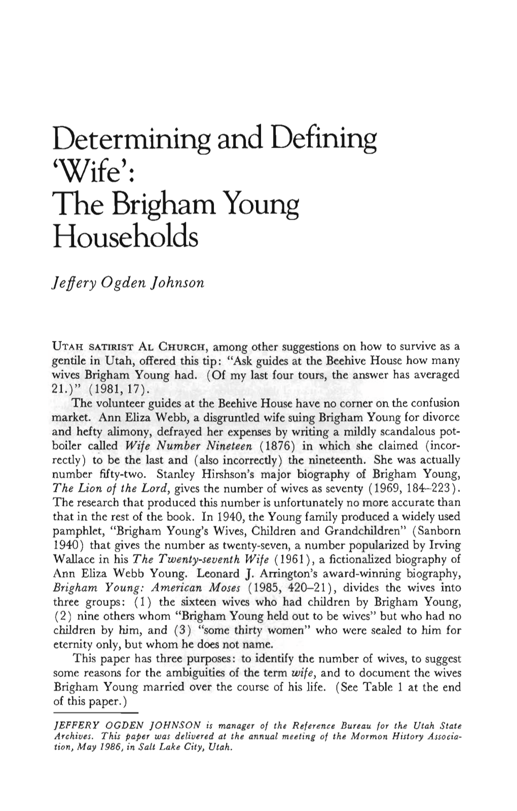 'Wife': the Brigham Young Households