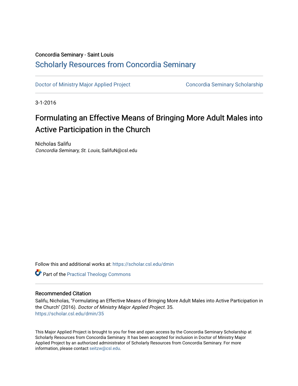 Formulating an Effective Means of Bringing More Adult Males Into Active Participation in the Church