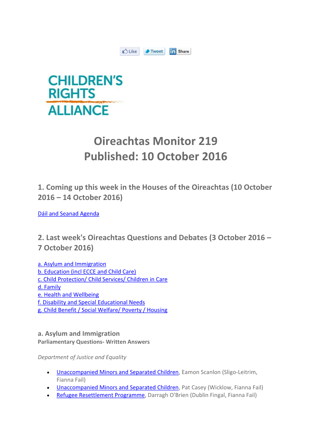 Oireachtas Monitor 219 Published: 10 October 2016