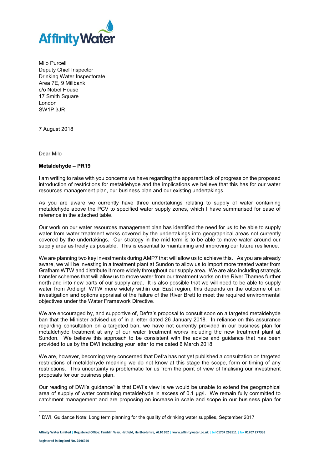 Milo Purcell Deputy Chief Inspector Drinking Water Inspectorate Area 7E, 9 Millbank C/O Nobel House 17 Smith Square London SW1P 3JR