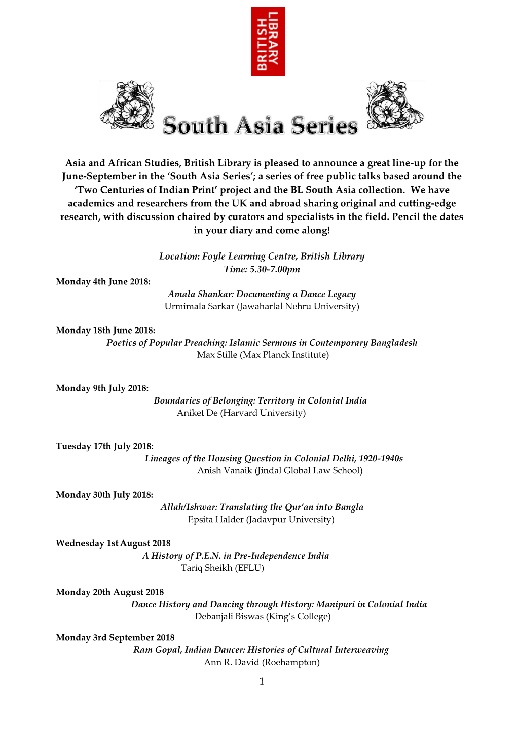 Asia and African Studies, British Library Is Pleased to Announce A
