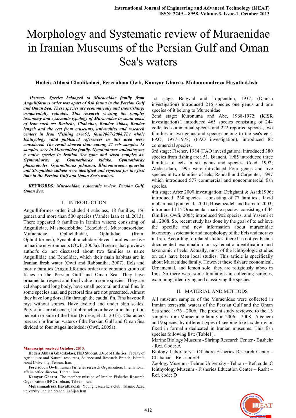 Morphology and Systematic Review of Muraenidae in Iranian Museums of the Persian Gulf and Oman Sea's Waters