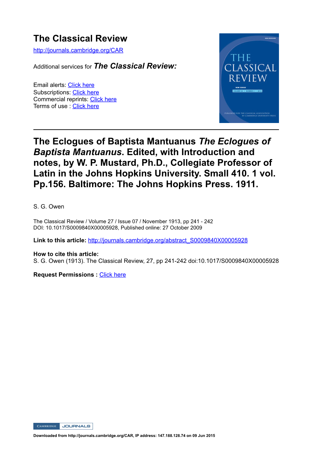 The Eclogues of Baptista Mantuanus the Eclogues of Baptista Mantuanus