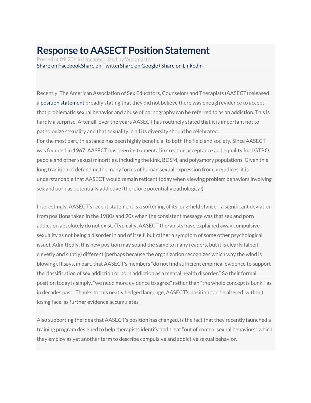 Response to AASECT Position Statement Posted at 09:20H in Uncategorized by Webmaster Share on Facebookshare on Twittershare on Google+Share on Linkedin