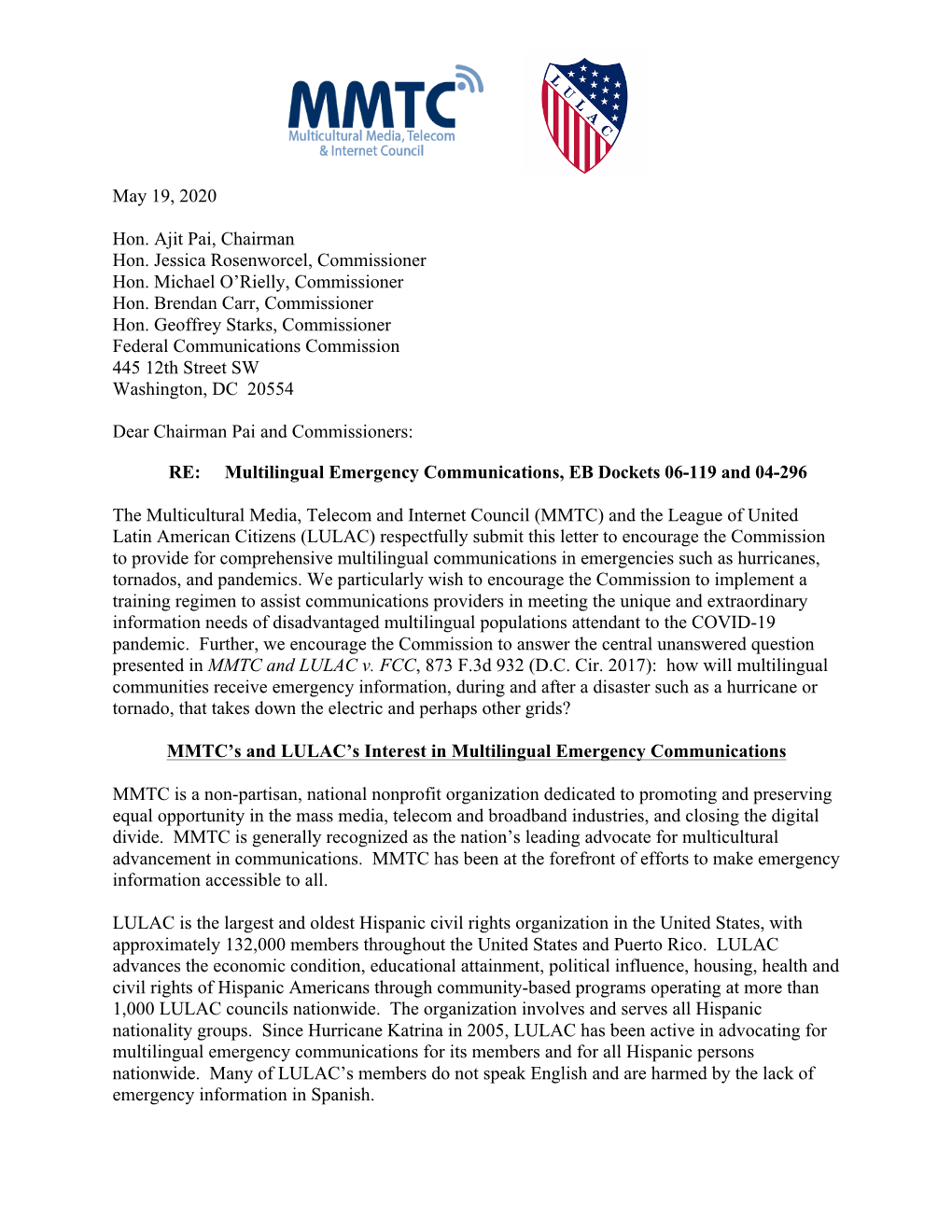 MMTC-LULAC Multilingual Emergency Communications Letter