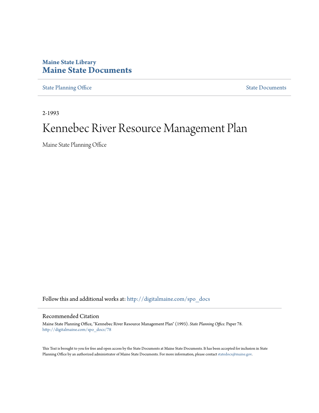 Kennebec River Resource Management Plan Maine State Planning Office