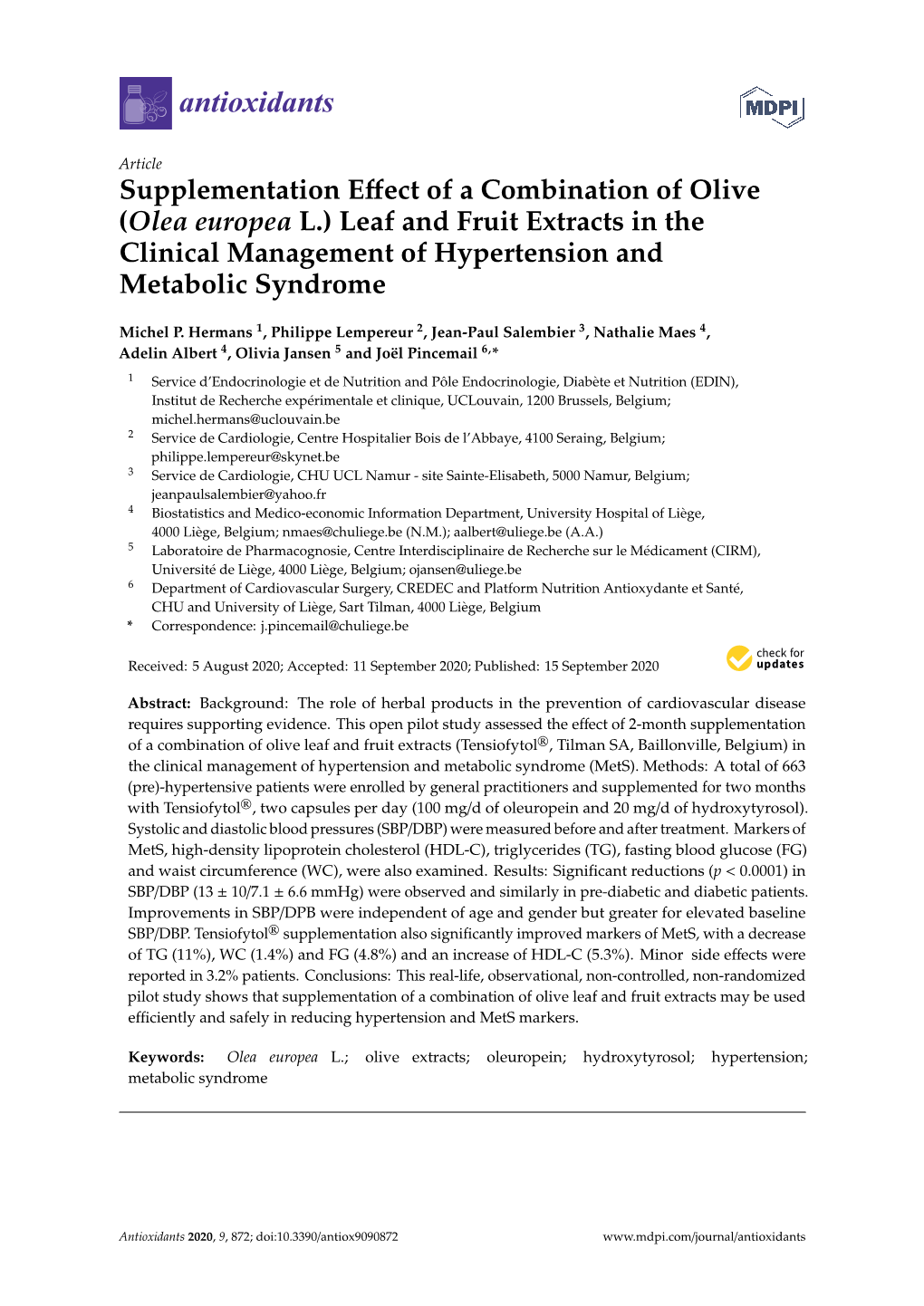 (Olea Europea L.) Leaf and Fruit Extracts in the Clinical Management of Hypertension and Metabolic Syndrome