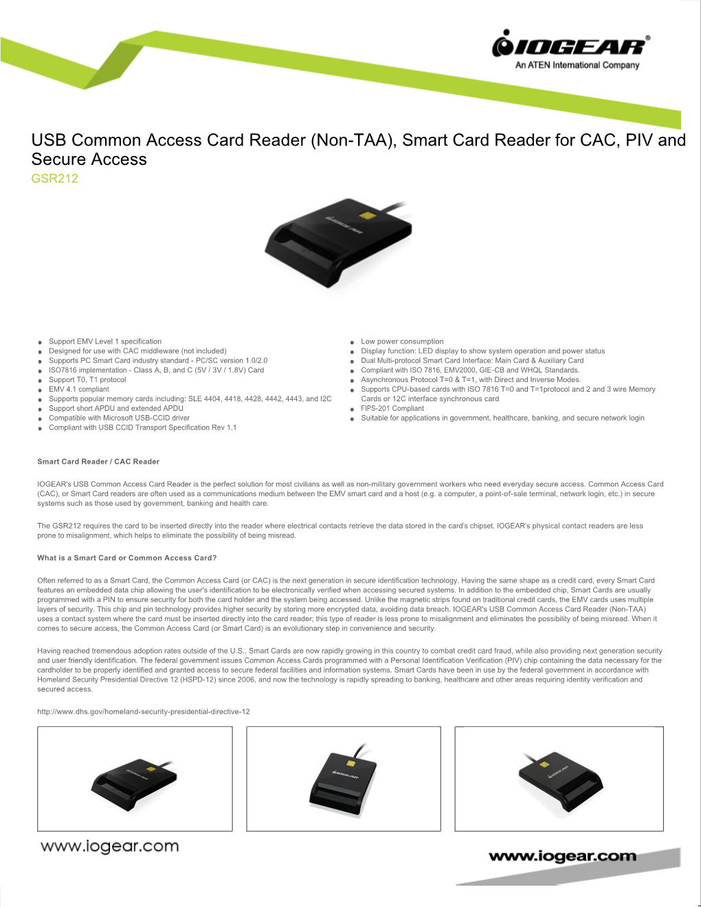 (Non-TAA), Smart Card Reader for CAC, PIV and Secure Access GSR212