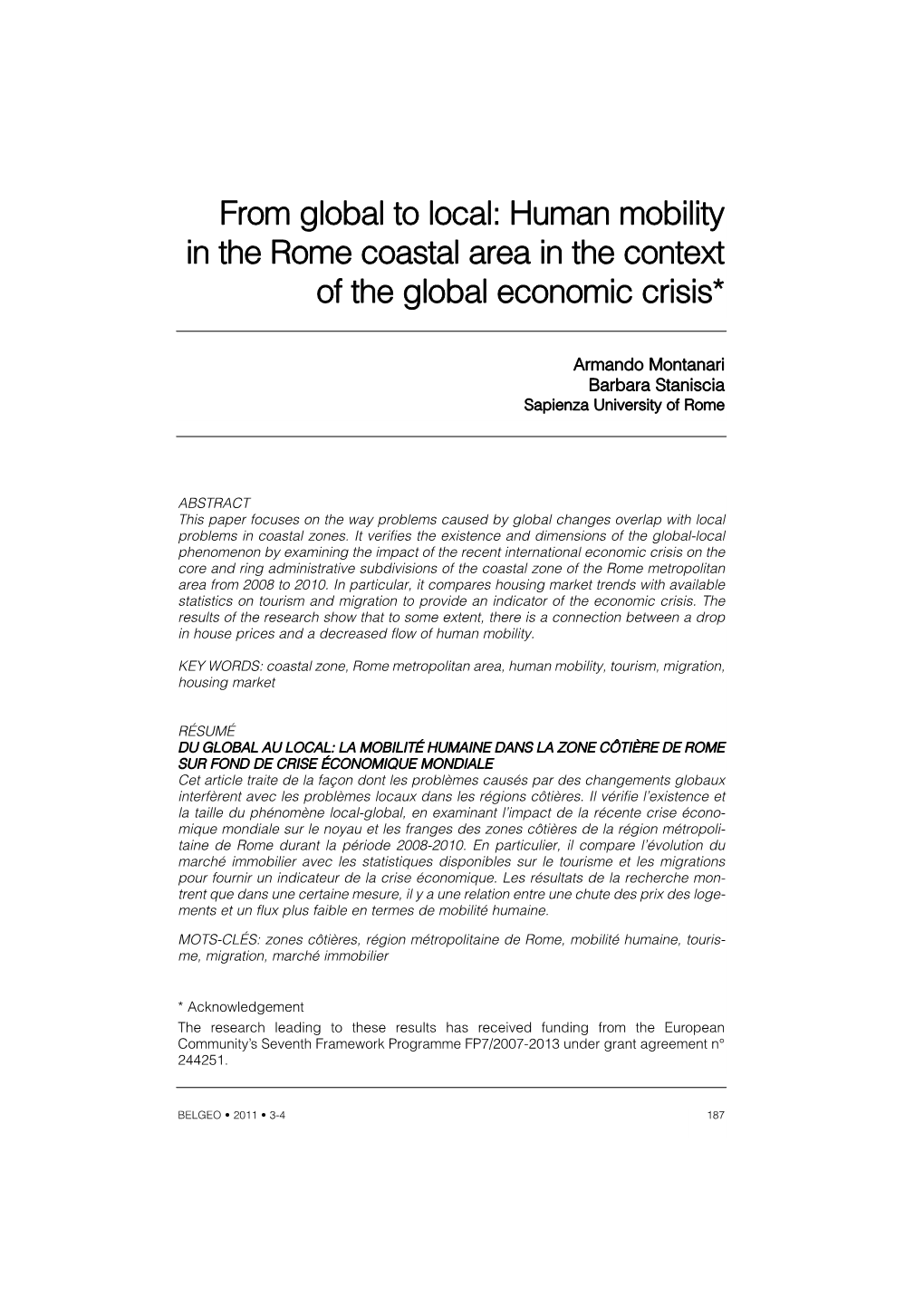 From Global to Local: Human Mobility in the Rome Coastal Area in the Context of the Global Economic Crisis*