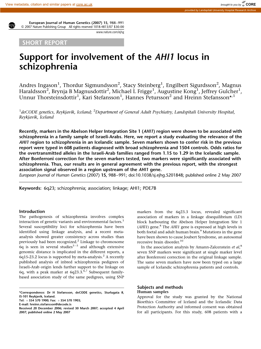 Support for Involvement of the AHI1 Locus in Schizophrenia