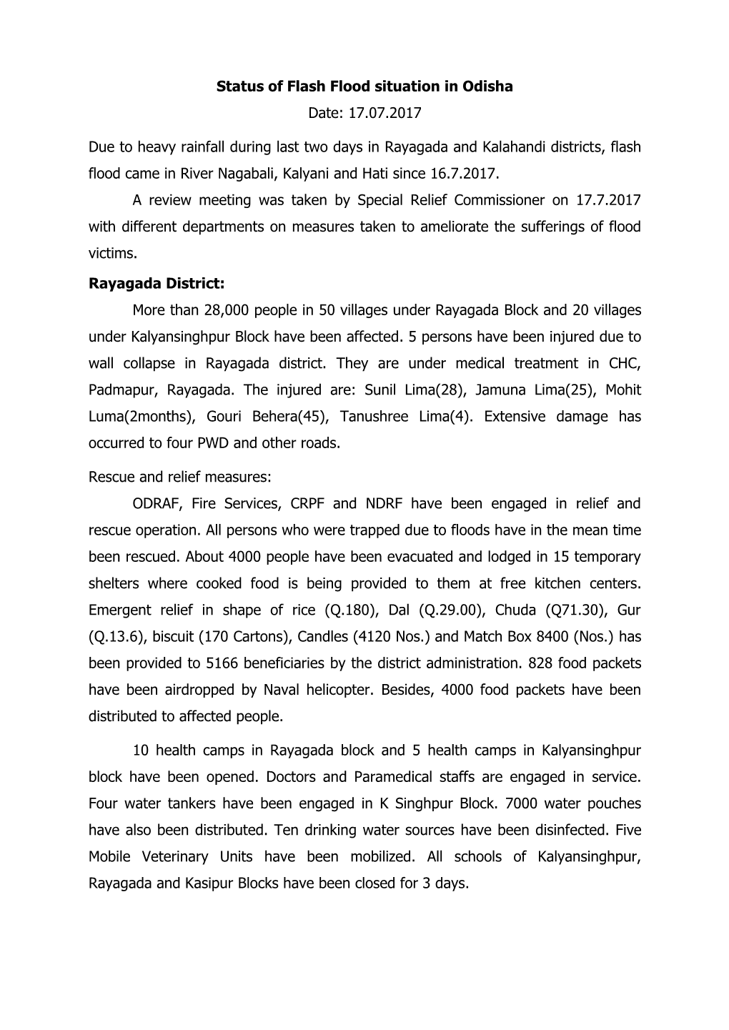 Status of Flash Flood Situation in Odisha Date: 17.07.2017 Due To