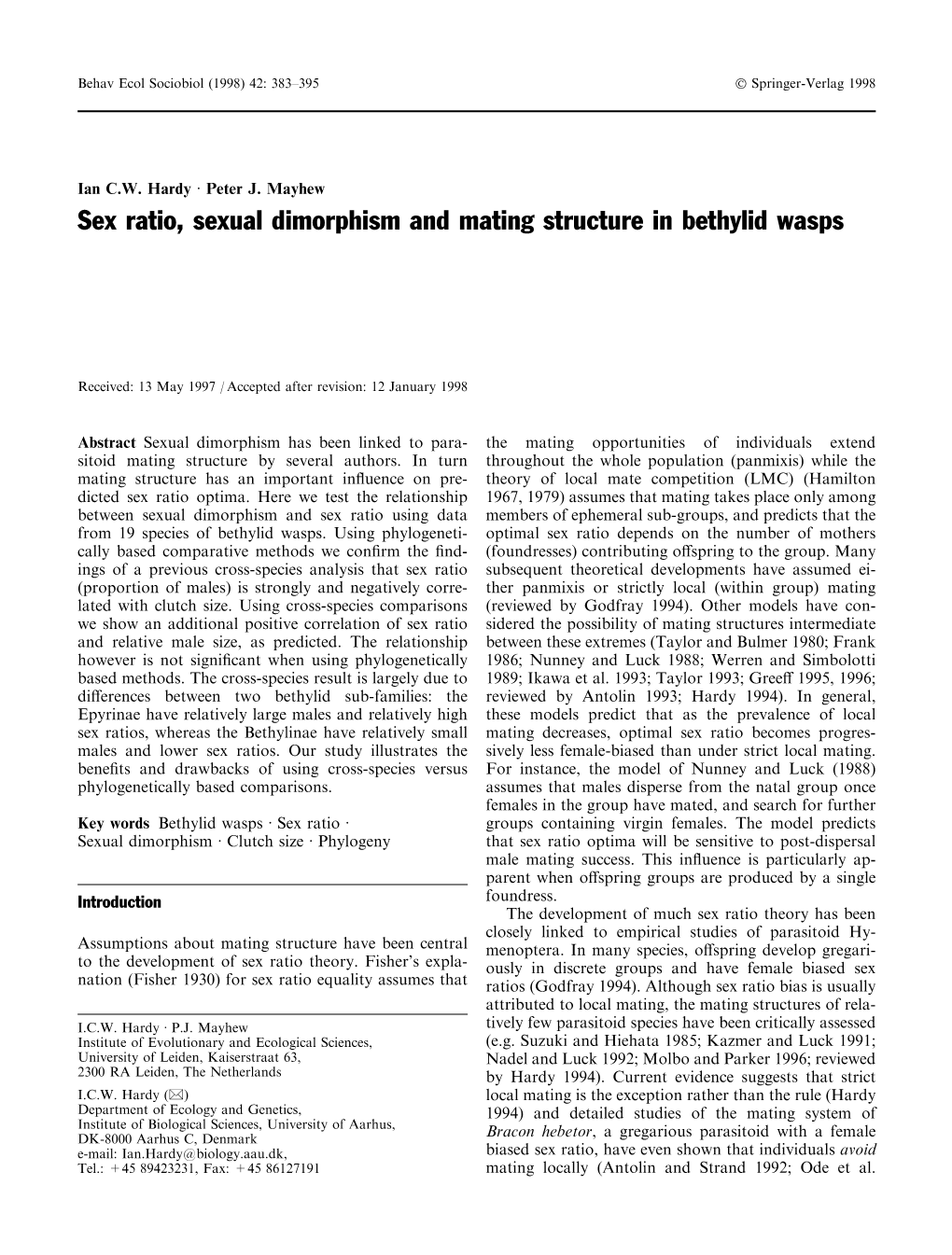 Sex Ratio, Sexual Dimorphism and Mating Structure in Bethylid Wasps