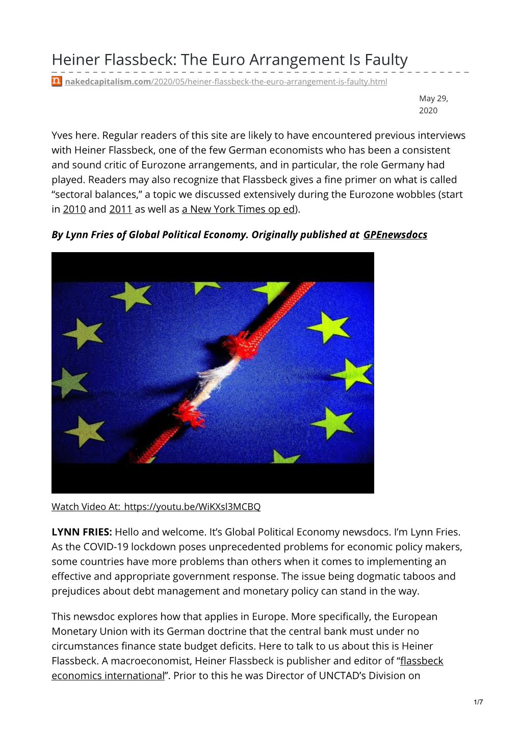 Heiner Flassbeck: the Euro Arrangement Is Faulty