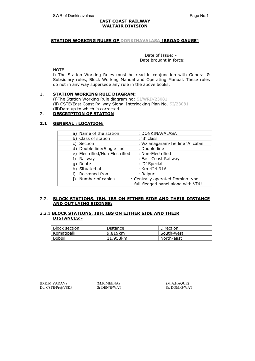 SWR of Donkinavalasa Page No.1 EAST COAST RAILWAY WALTAIR DIVISION STATION WORKING RULES of DONKINAVALASA [BROAD GAUGE] Date Of