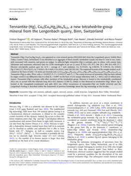 Tennantite-(Hg), Cu6(Cu4hg2)As4s13, a New Tetrahedrite-Group Mineral from the Lengenbach Quarry, Binn, Switzerland