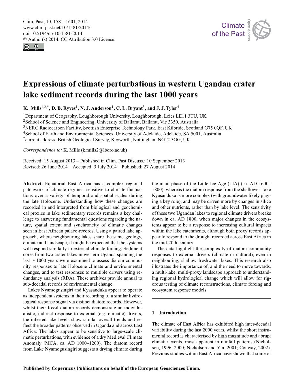 Expressions of Climate Perturbations in Western Ugandan Crater Lake Sediment Records During the Last 1000 Years
