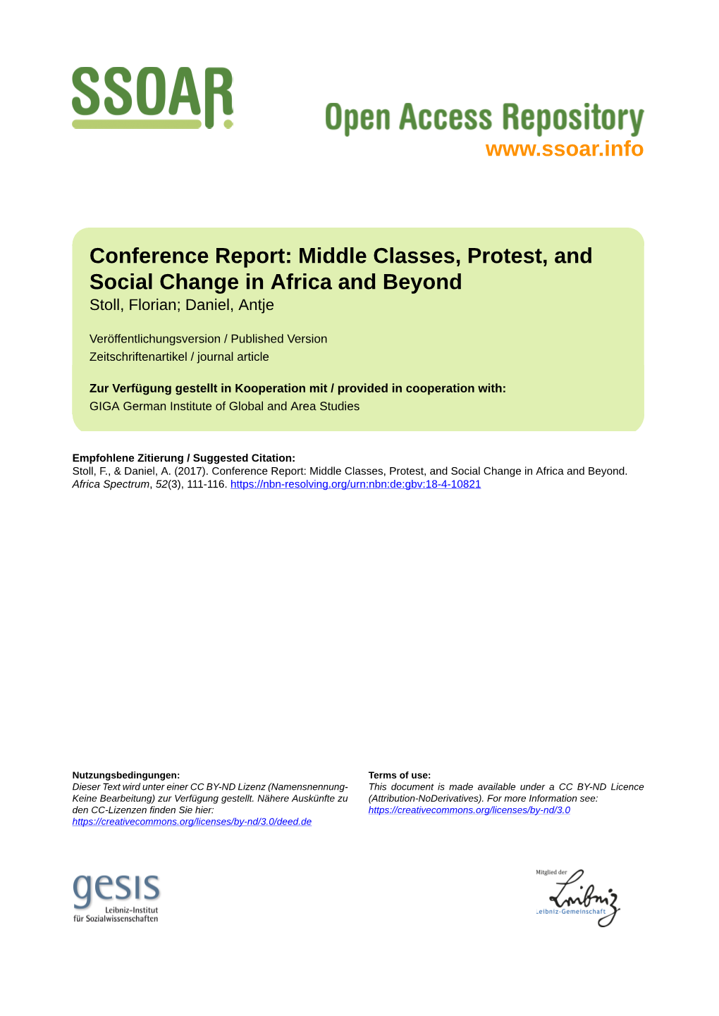 Middle Classes, Protest, and Social Change in Africa and Beyond Stoll, Florian; Daniel, Antje