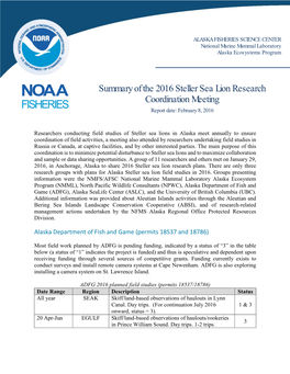 Steller Sea Lion Research Coordination Report 2016 NMML Work Plan