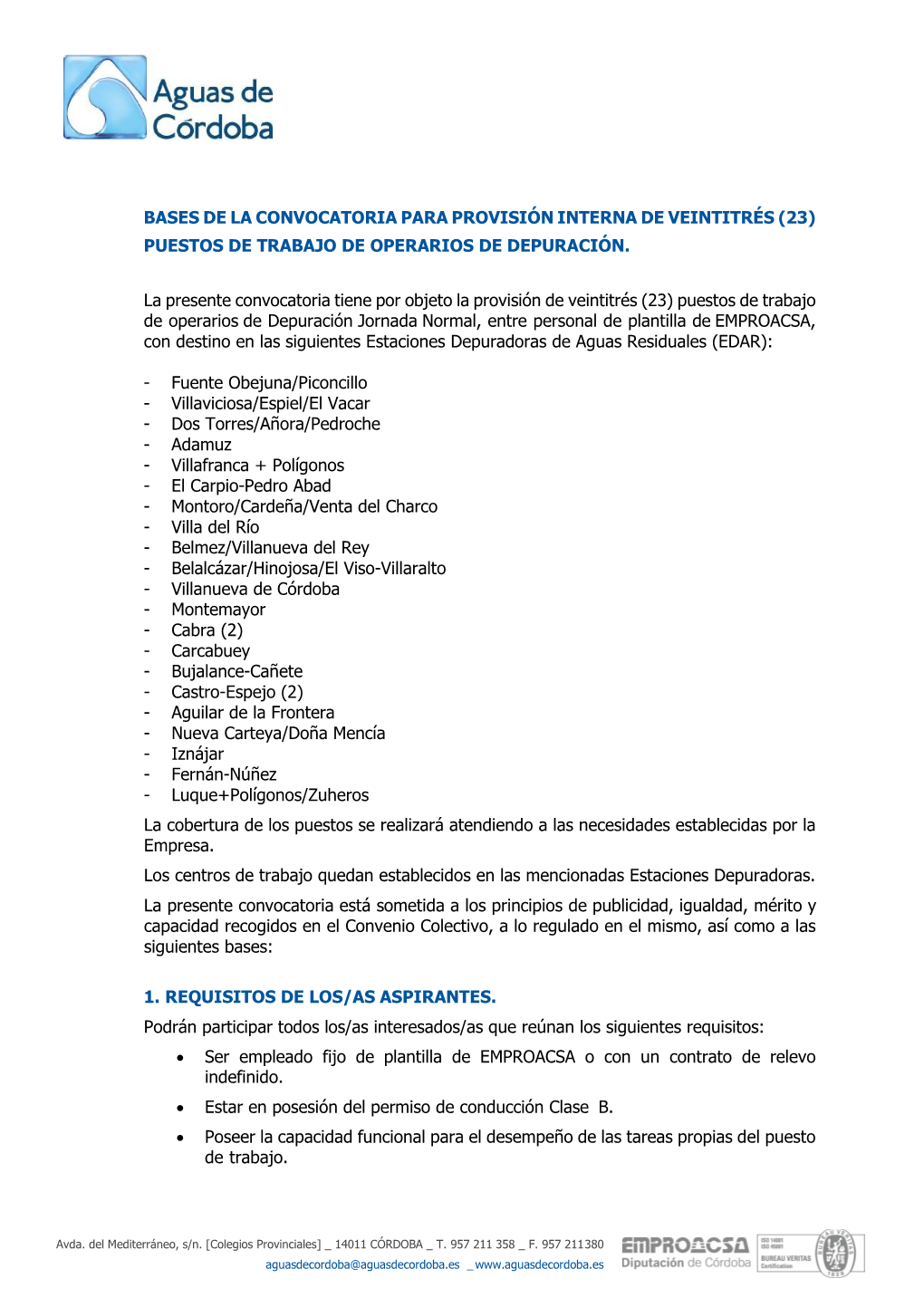 Bases De La Convocatoria Para Provisión Interna De Veintitrés (23) Puestos De Trabajo De Operarios De Depuración