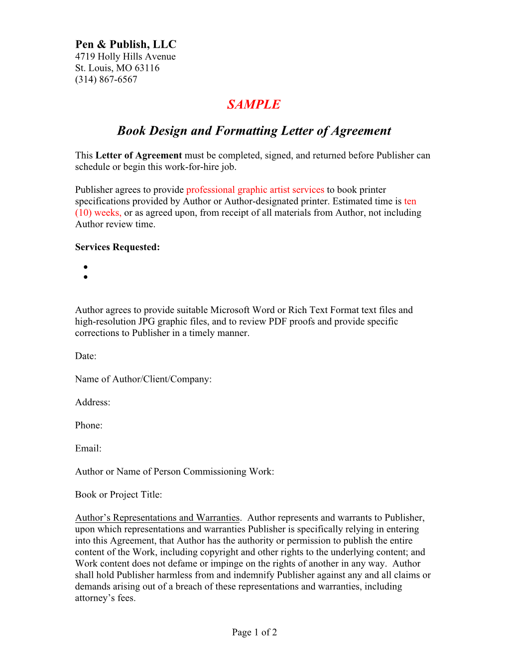 Book Design and Formatting Letter of Agreement