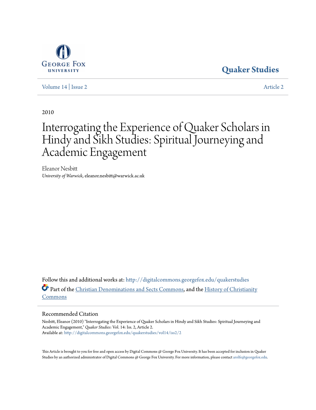 Interrogating the Experience of Quaker Scholars in Hindy and Sikh