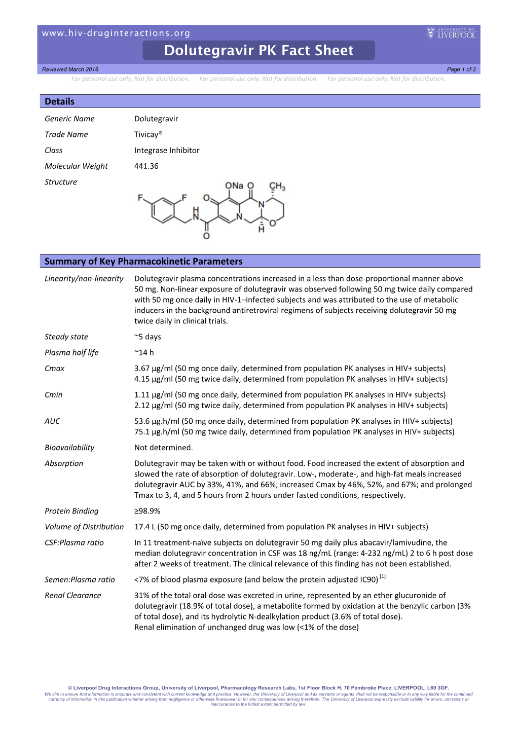 Dolutegravir PK Fact Sheet Reviewed March 2016 Page 1 of 2 for Personal Use Only