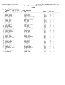 14-Mar-17 Results Event 114 Boys 100 Meter Run Junior 1 Jenkins