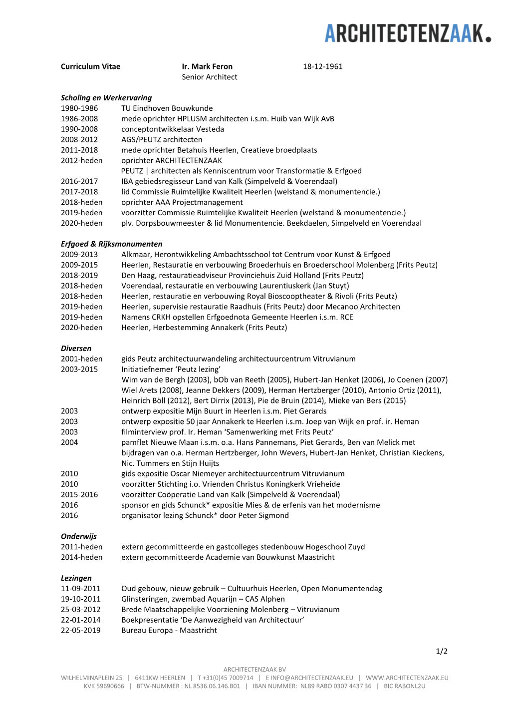 Curriculum Vitae Ir. Mark Feron 18-12-1961 Senior Architect