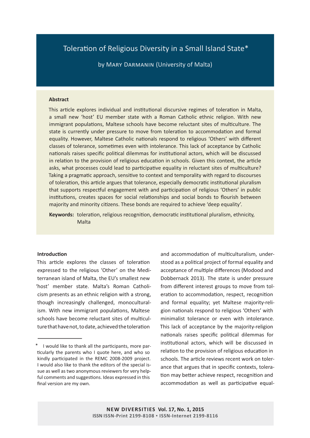 Toleration of Religious Diversity in a Small Island State*