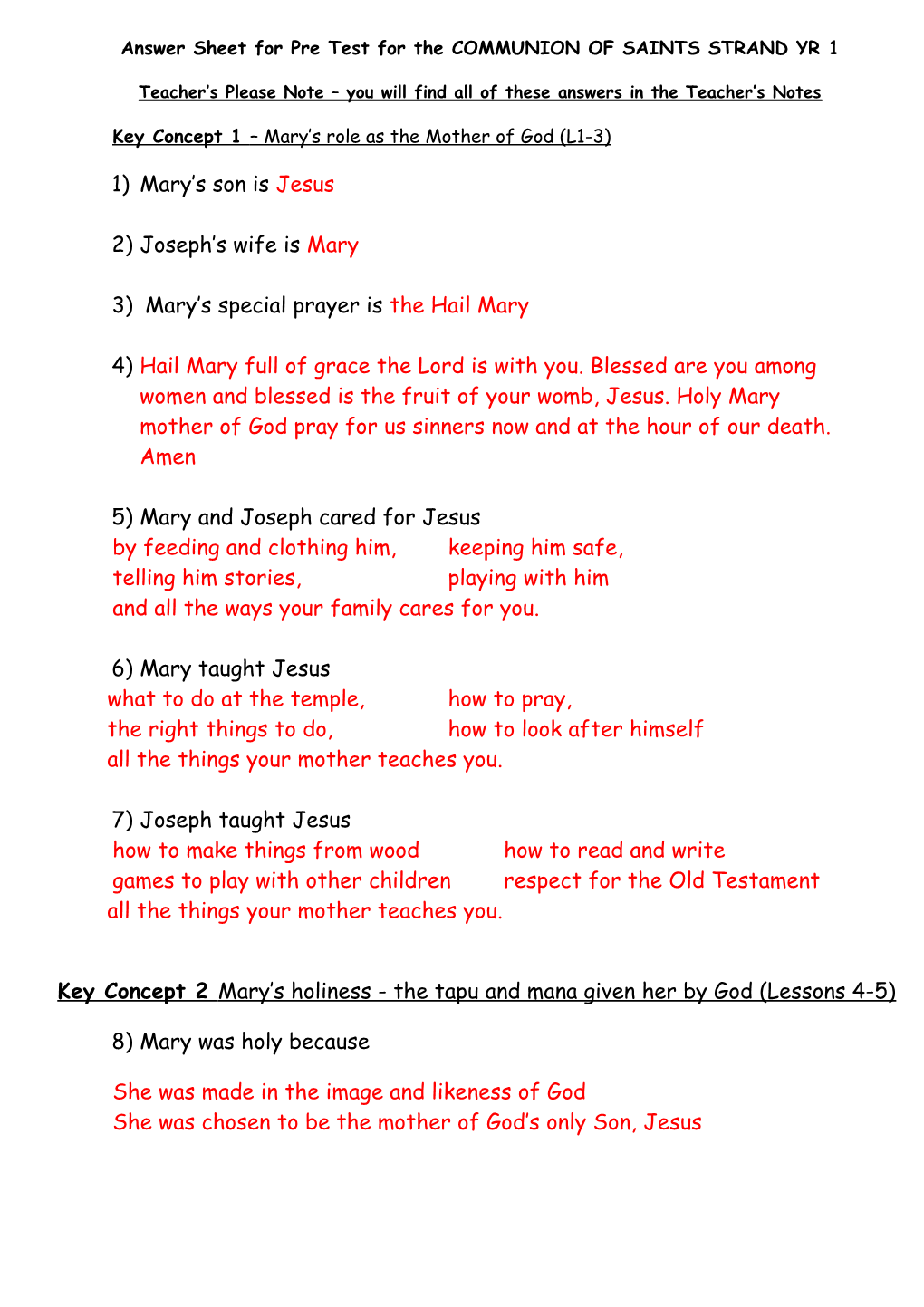 Answer Sheet for Pre Test for the COMMUNION of SAINTS STRAND YR 1