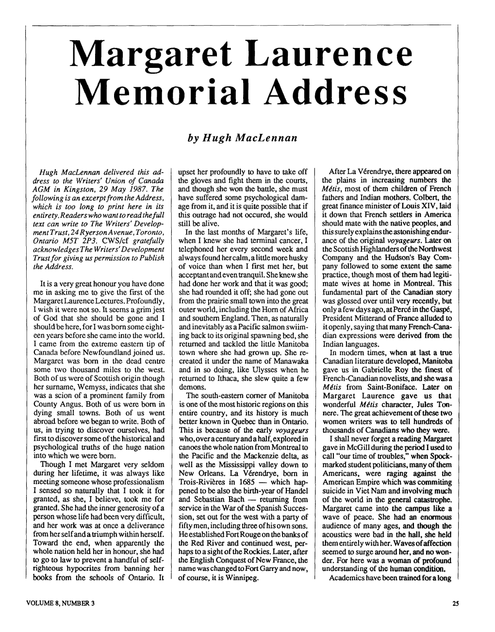 Margaret Laurence Memorial Address