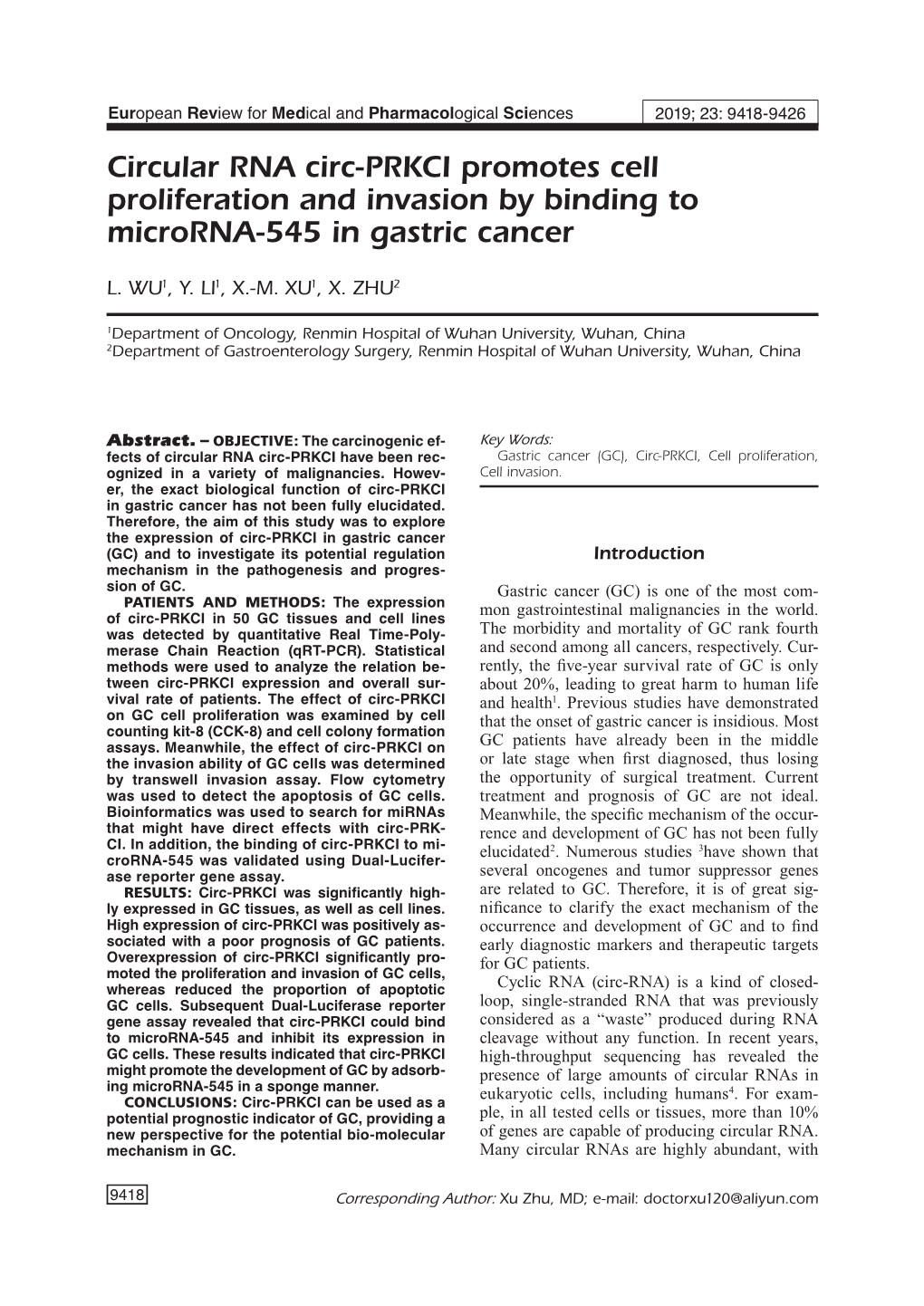 Circular RNA Circ-PRKCI Promotes Cell Proliferation and Invasion by Binding to Microrna-545 in Gastric Cancer