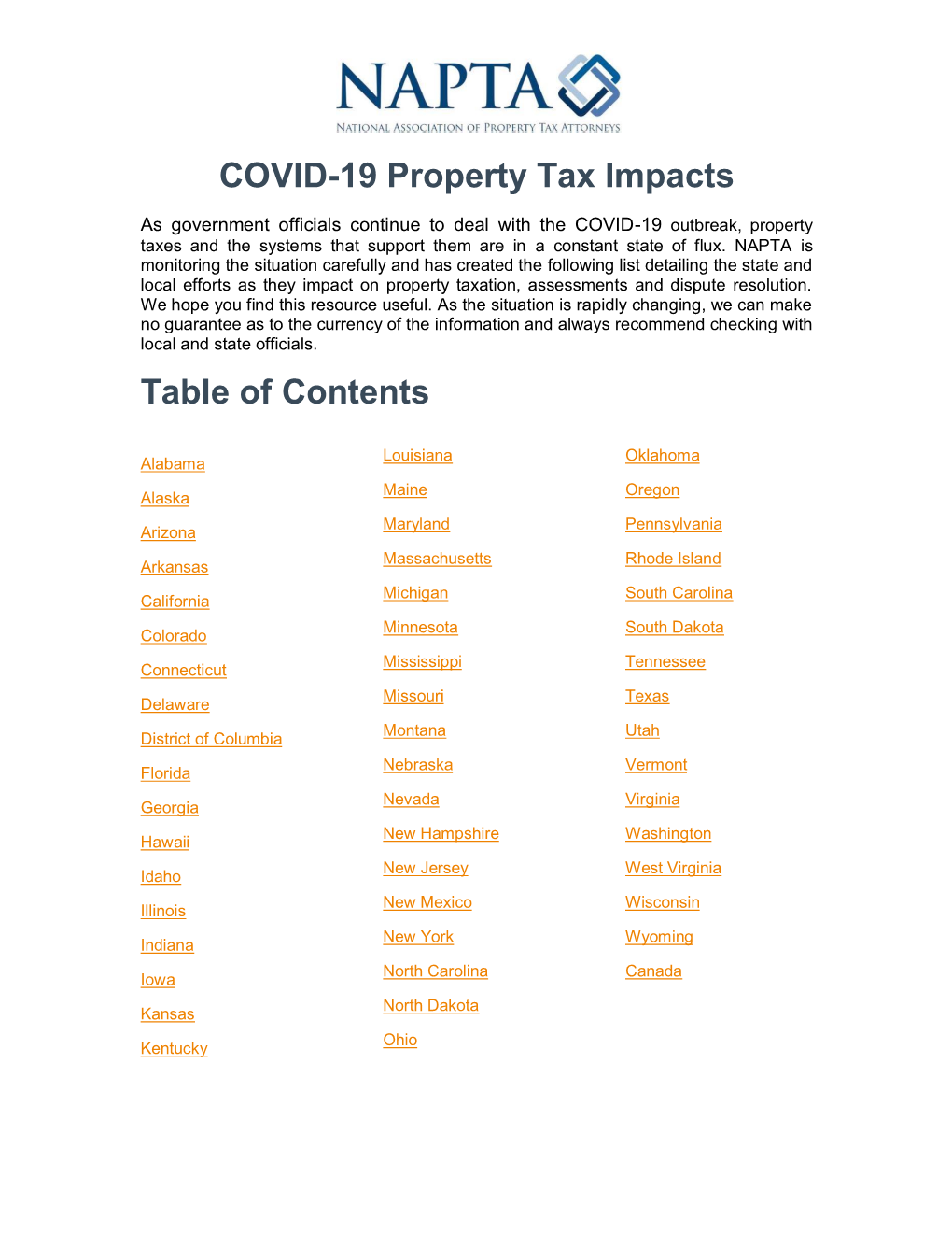 COVID-19 Property Tax Impacts Table of Contents