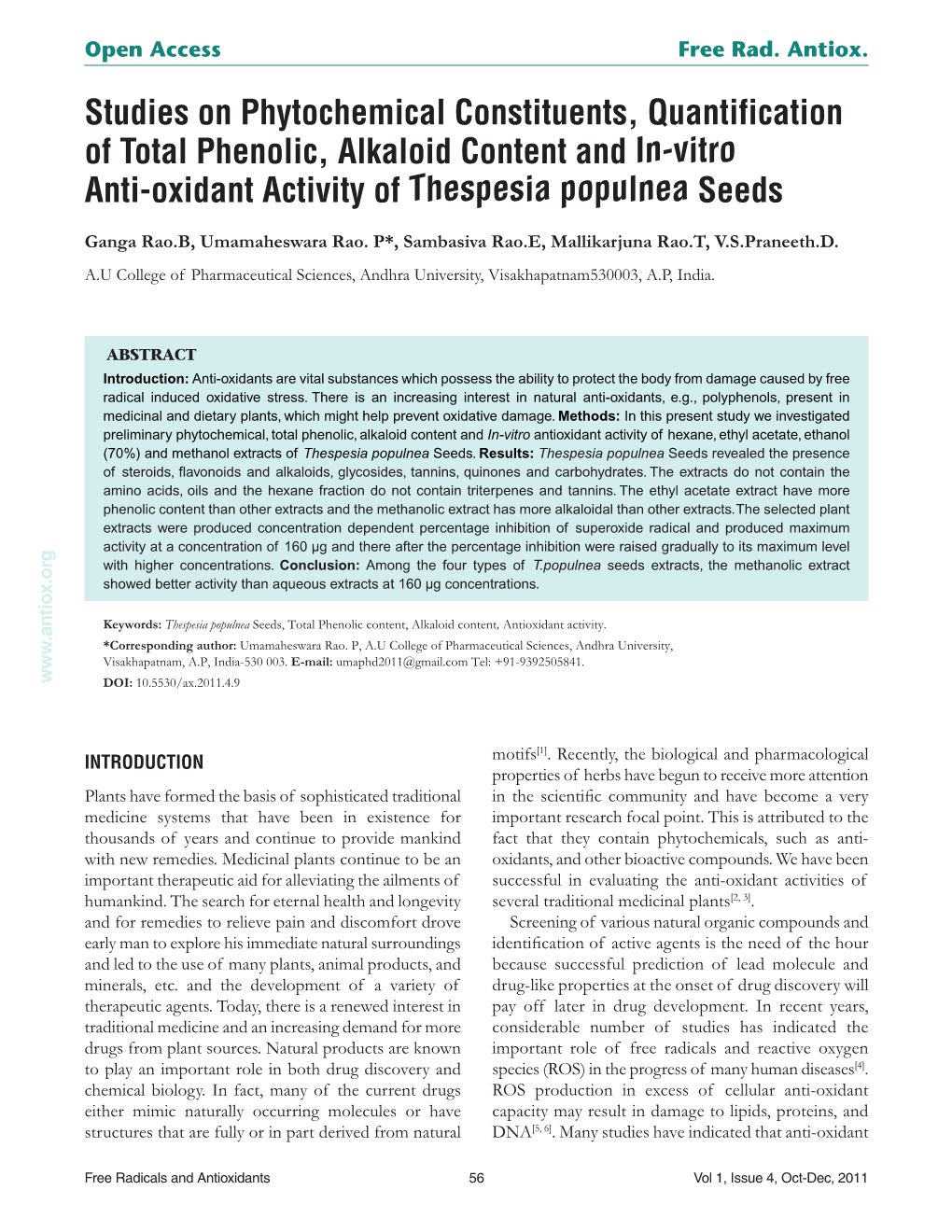 Studies on Phytochemical Constituents, Quantification of Total Phenolic, Alkaloid Content and In-Vitro Anti-Oxidant Activity of Thespesia Populnea Seeds