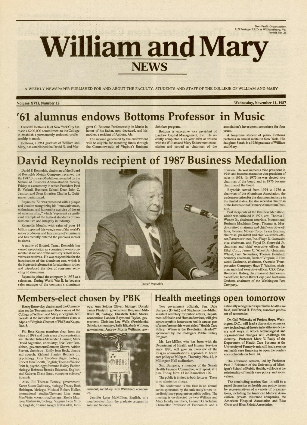 NEWS '61 Alumnus Endows Bottoms Professor in Music David