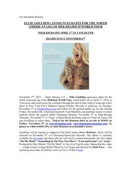 Ellie Goulding Announces Dates for the North American Leg of Her Delirium World Tour