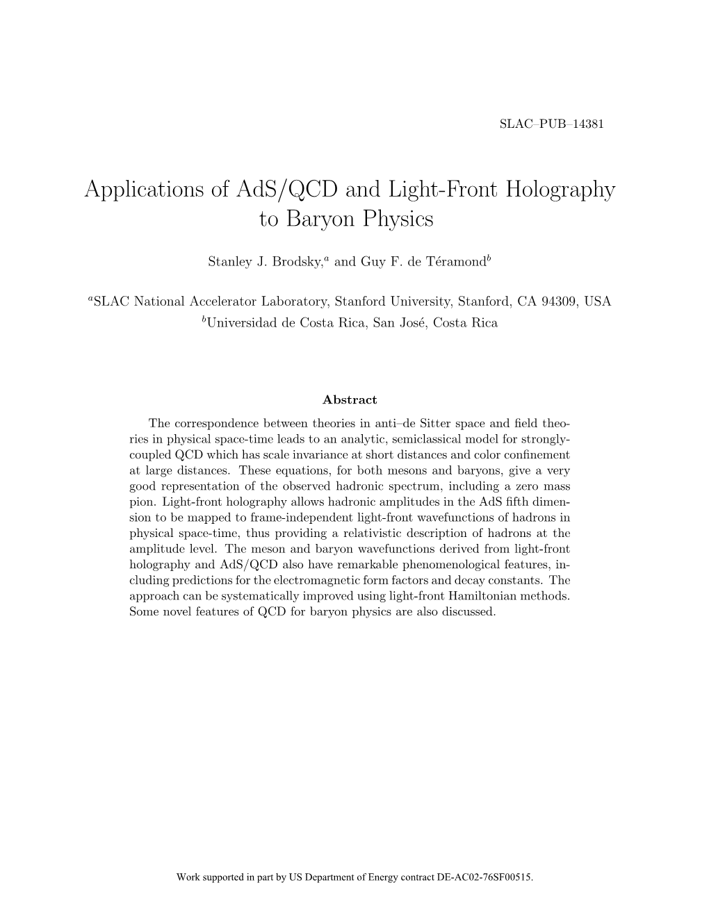 Applications of Ads/QCD and Light-Front Holography to Baryon Physics