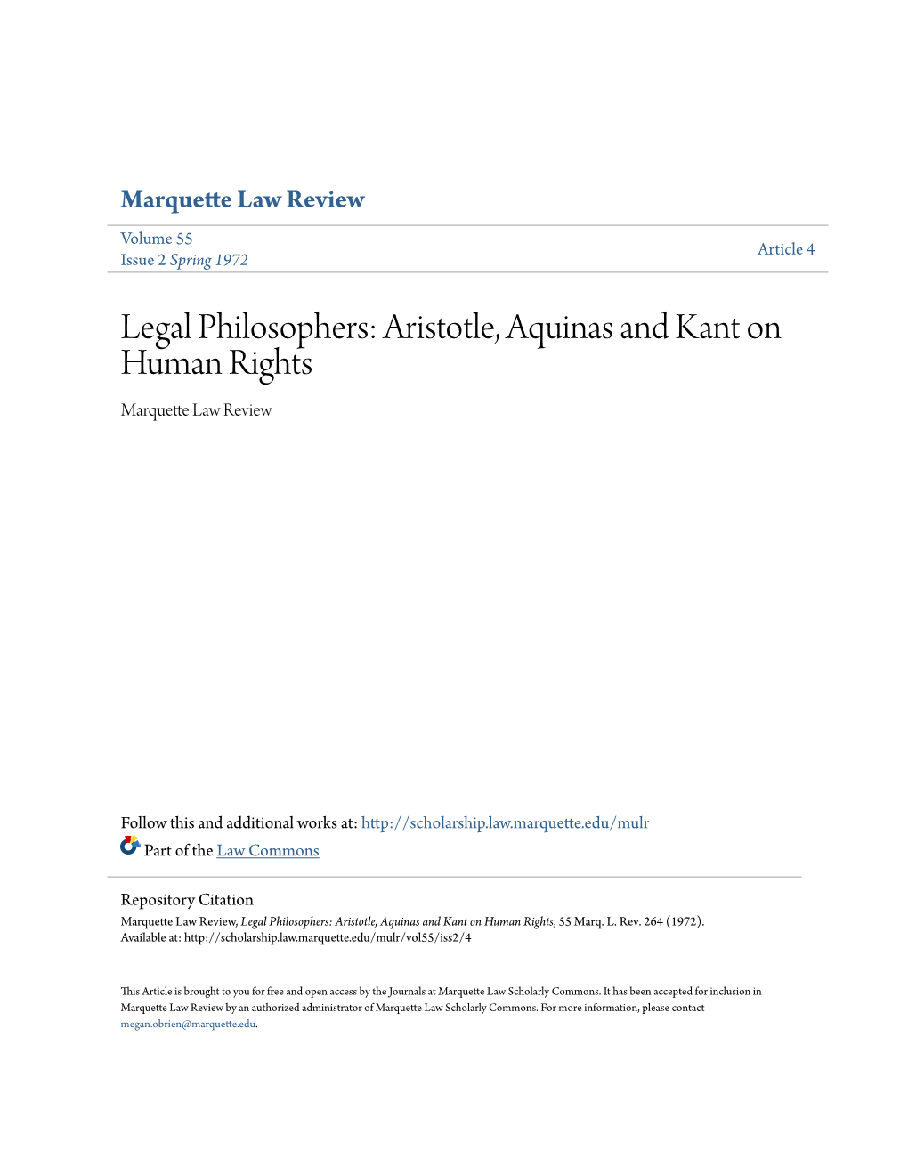 Legal Philosophers: Aristotle, Aquinas and Kant on Human Rights Marquette Law Review