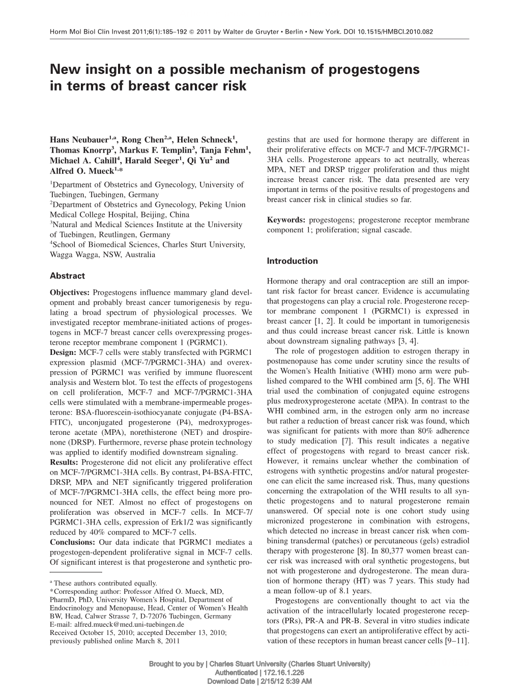 New Insight on a Possible Mechanism of Progestogens in Terms of Breast Cancer Risk