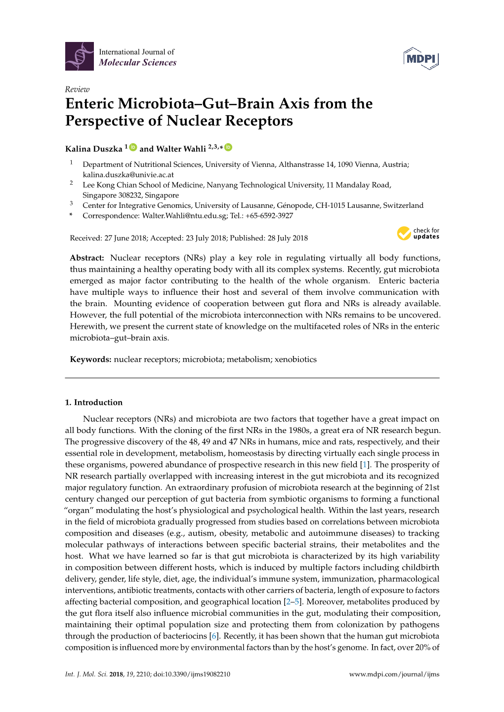 Enteric Microbiota–Gut–Brain Axis from the Perspective of Nuclear Receptors