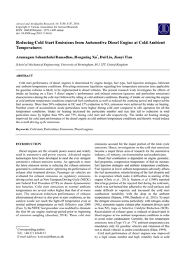 Reducing Cold Start Emissions from Automotive Diesel Engine at Cold Ambient Temperatures